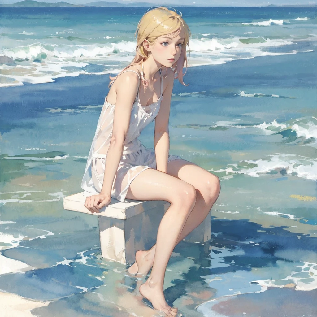 Tranquil voyager girl, in watercolor style, Photorealism, discreet pink and mint shades, barefoot, blonde hair, gentle thoughtful image