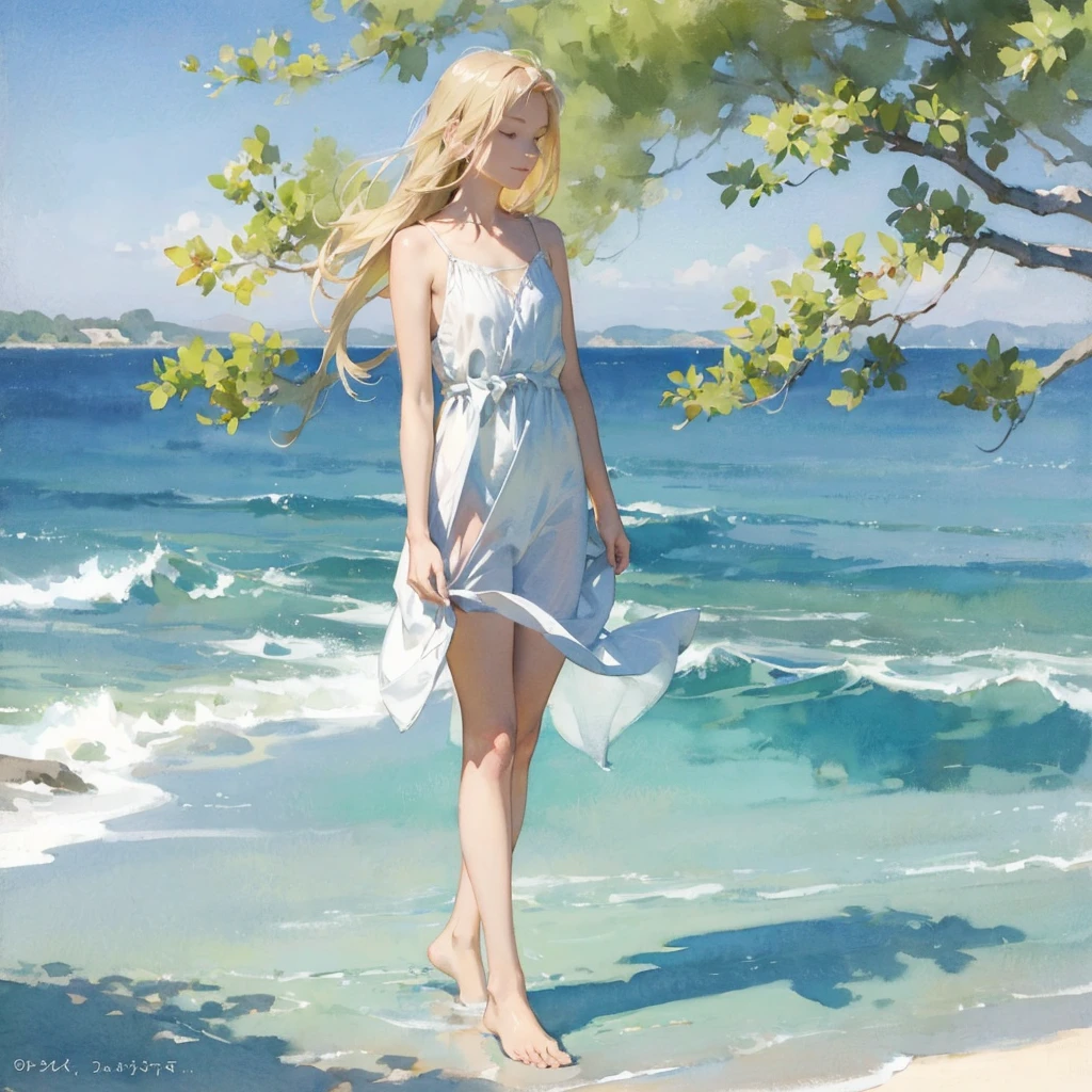 Tranquil voyager girl, in watercolor style, Photorealism, discreet pink and mint shades, barefoot, blonde hair, nudity