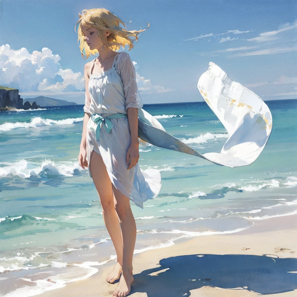 Tranquil voyager girl, in watercolor style, Photorealism, discreet pink and mint shades, barefoot, blonde hair, gentle thoughtful image