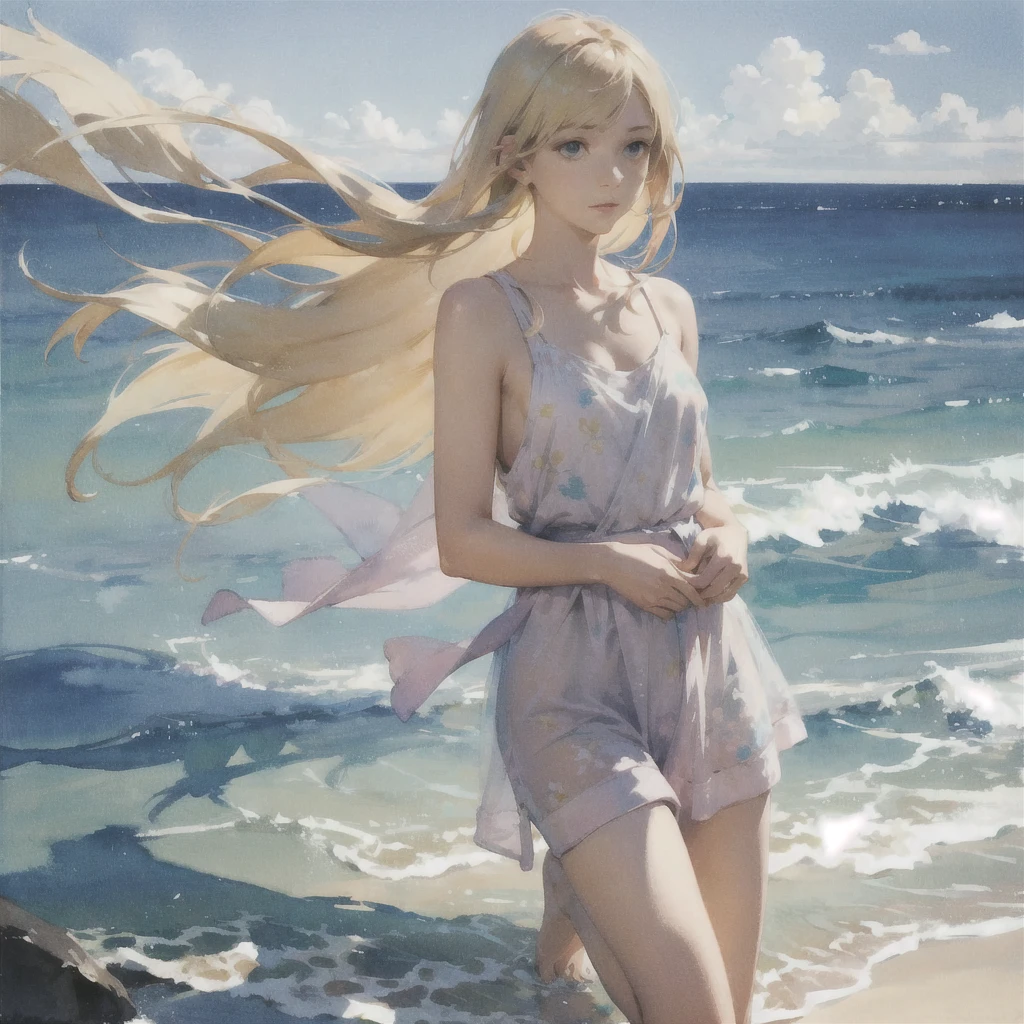 Tranquil voyager girl, in watercolor style, Photorealism, discreet pink and mint shades, barefoot, blonde hair