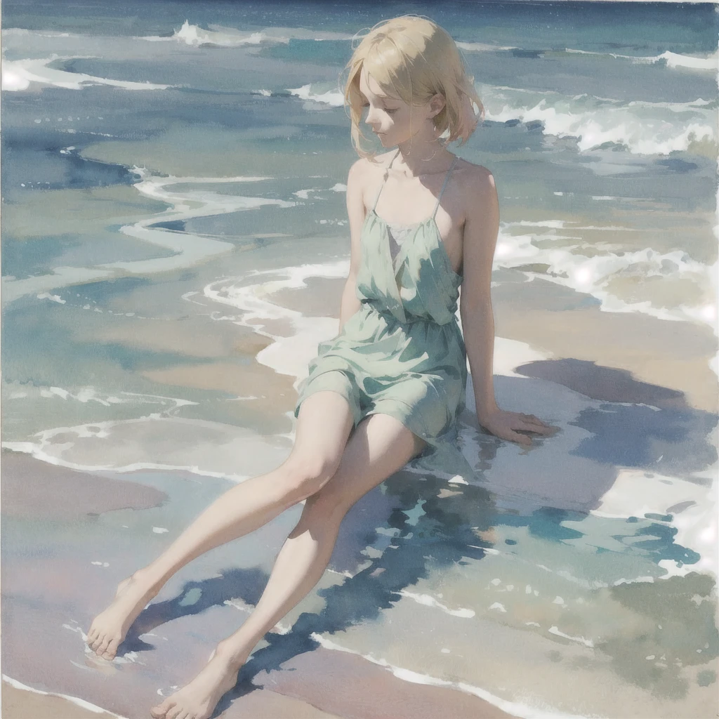 Tranquil voyager girl, in watercolor style, Photorealism, discreet pink and mint shades, barefoot, blonde hair, gentle thoughtful image