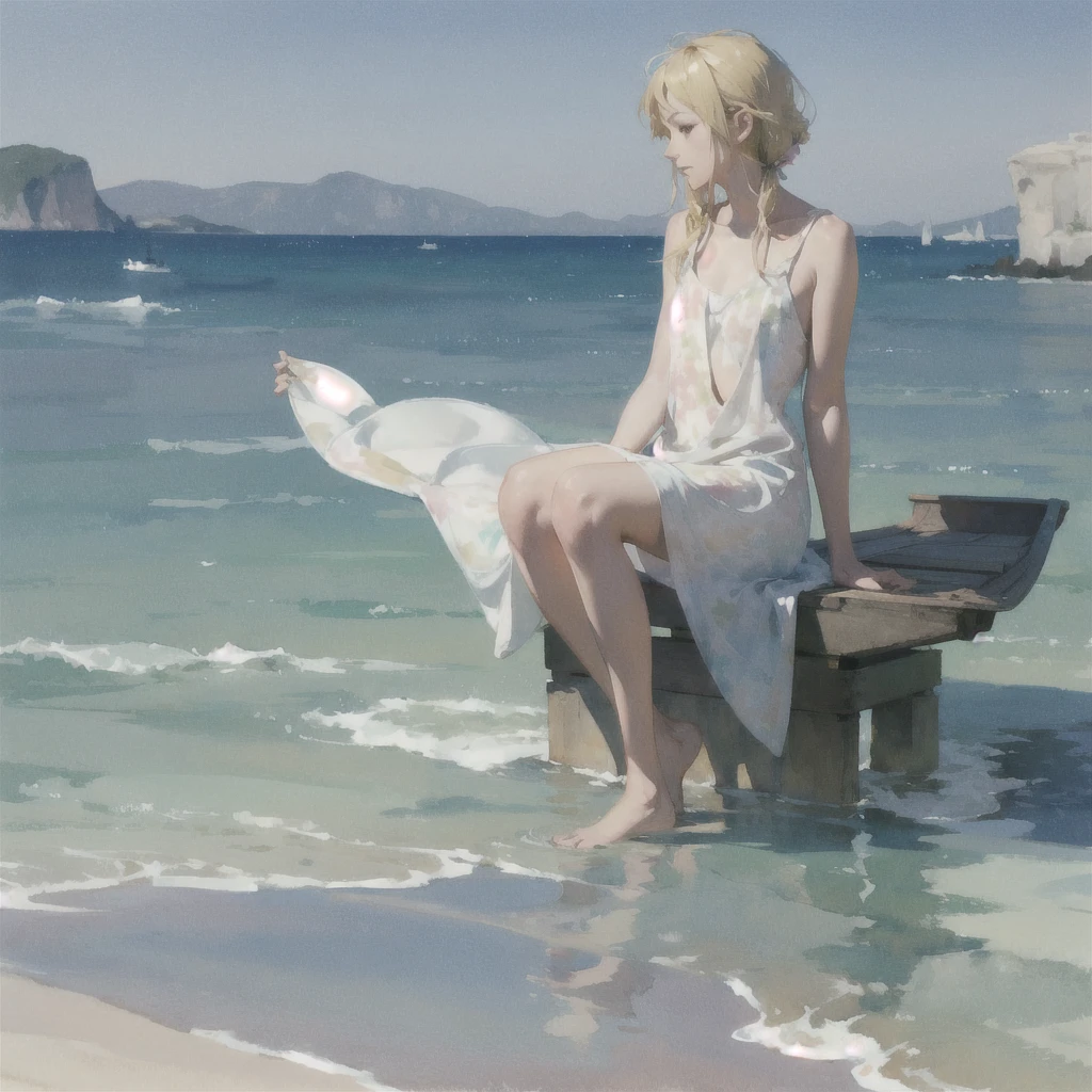 Tranquil voyager girl, in watercolor style, Photorealism, discreet pink and mint shades, barefoot, blonde hair, gentle thoughtful image