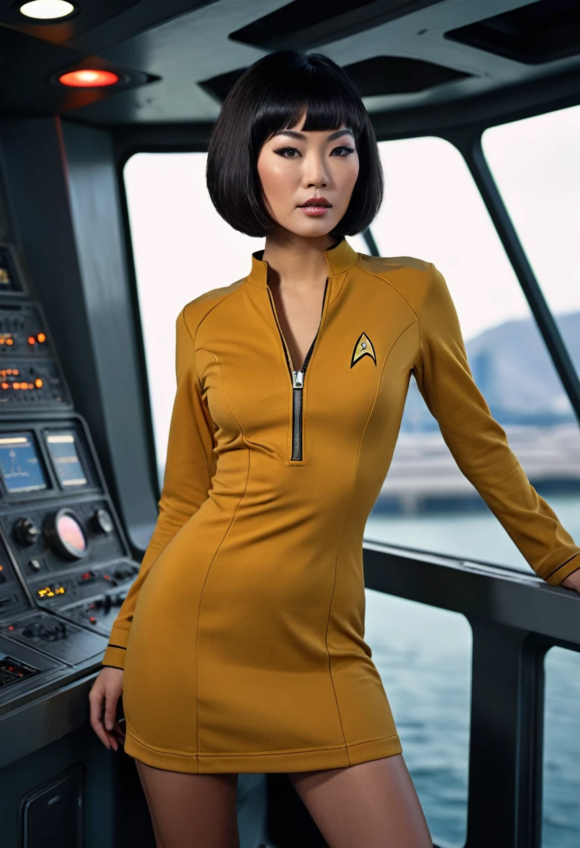 provocative, sexy, very sexy, flirtatious, arousing, revealing, sensuous, teasing ((torn open uniform revealing skin 1.4)) ((clutching her torn clothes to her breasts 1.5)) ((on the bridge of the enterprise 1.3) ((wearing star trek original series 70s one piece sexist sexy short mini dress bridge crew uniform ripped)) ((dress is too short 1.5)) (asian-european, half-asian crew member with bob haircut and slim figure) ((in the style of a retro-futuristic, retro-scifi film set) ((in the style of a 70s erotic movie, soft focus, cinematic, pulp, porn, retro porn, 1970s film) ((ultra realistic, detailed and dynamic)) (nikon d850 film 4 kodak portra 400 camera f1.6 lens, rich colors, hyper realistic, lifelike texture, dramatic lighting, cinestill 800 tungsten, (RAW photo, nikon, 8k, Super detailed, advanced details, intricate details, Super detailed), (award winning photo, masterpiece), (photo-realistic) ((anatomically correct, High precision human body, highly detailed face, realistic skin)) Lighting: Face lighting, Ray tracing, reflective light, Structurally correct)