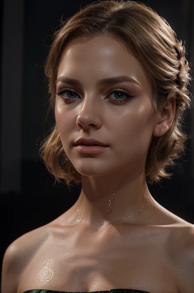 A beautiful blonde woman in an elegant pose, with brown/green eyes, blonde hair, in a nightclub, (best quality,4k,8k,highres,masterpiece:1.2),ultra-detailed,(realistic,photorealistic,photo-realistic:1.37),intricate details,high quality lighting,cinematic lighting,dramatic lighting,chiaroscuro lighting,moody lighting,glowing skin,flawless skin,detailed facial features,long eyelashes,full lips,expressive eyes,graceful posture,elegant dress,shimmering dress,dramatic expression,cinematic composition,rich color palette,deep shadows,dramatic highlights,volumetric fog,depth of field,3d render,octane render,unreal engine,professional photograph