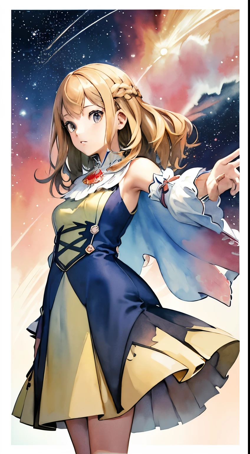 (masterpiece, top quality, best quality,watercolor (medium),official art, beautiful and aesthetic:1.2),(1girl:1.3), (fractal art:1.3), whole body, from 30-degrees angle, looking at viewer, patterns, silky hair ,water, liquid, cloud, short dress, starry, stars, sexy pose, red black and white, pastel colours