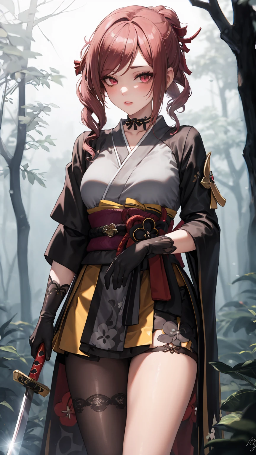 Masterpiece, Beautiful art, professional artist, 8k, Very detailed face, Detailed clothing, detailed fabric, 1 girl, Chiori \(genshin impact\), standing, perfectly drawn body, shy expression, pale skin, beautiful face, 4k eyes, very detailed eyes, pink cheeks, choker:1.6, (white collar button down long sleeve shirt), black gloves, gloves that cover hands, (holds a Japanese sword with his right hand), (black leather corset), (shiny black tight mini skirt), Sensual Lips , evening de invierno, show details in the eyes, looking at the viewer, Dark road, dark forest, evening, Atmosphere, fog