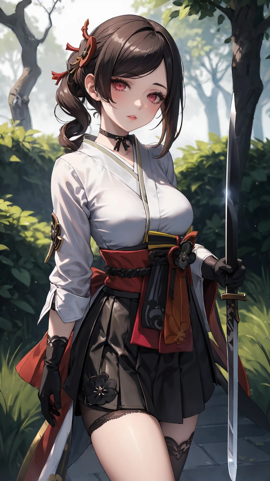 Masterpiece, Beautiful art, professional artist, 8k, Very detailed face, Detailed clothing, detailed fabric, 1 girl, Chiori \(genshin impact\), standing, perfectly drawn body, shy expression, pale skin, beautiful face, 4k eyes, very detailed eyes, pink cheeks, choker:1.6, (white collar button down long sleeve shirt), black gloves, gloves that cover hands, (holds a Japanese sword with his right hand), (black leather corset), (shiny black tight mini skirt), Sensual Lips , evening de invierno, show details in the eyes, looking at the viewer, Dark road, dark forest, evening, Atmosphere, fog
