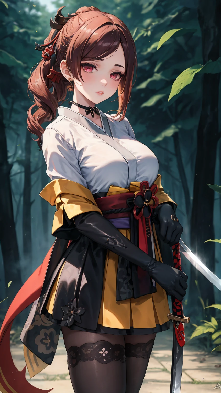  Masterpiece, Beautiful art, professional artist, 8k, Very detailed face, Detailed clothing, detailed fabric, 1 girl, Chiori \(genshin impact\), standing, perfectly drawn body, shy expression, pale skin, beautiful face, 4k eyes, very detailed eyes, pink cheeks, choker:1.6, (white collar button down long sleeve shirt), black gloves, gloves that cover hands, (holds a Japanese sword with his right hand), (black leather corset), (shiny black tight mini skirt), Sensual Lips , evening de invierno, show details in the eyes, looking at the viewer, Dark road, dark forest, evening, Atmosphere, fog