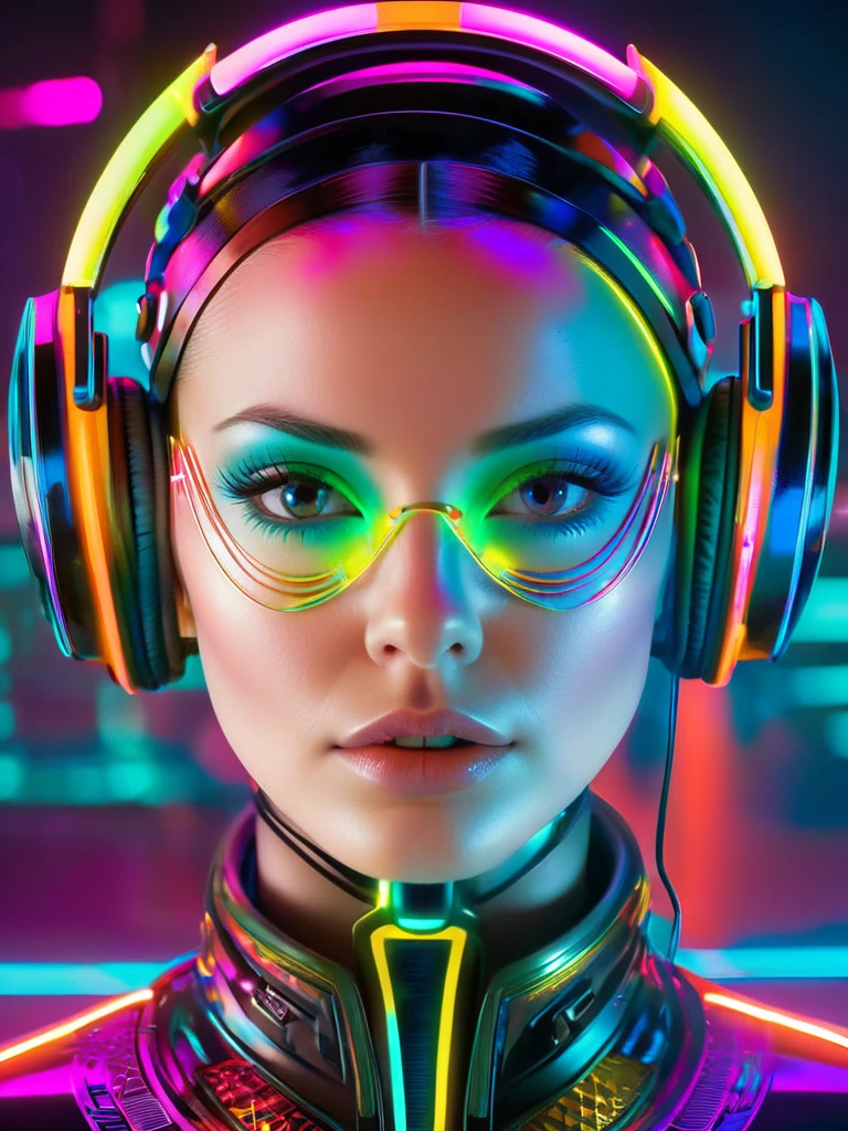 Square album cover, electronica, compilation album, female dj, face obscured, chilled out beats, positive look, abstract patterns, neon lights, futuristic elements, Cyberpunk 2077 colors but not as dark, Russian constructivist influence, the sun, science-related ideas, abstract statues
