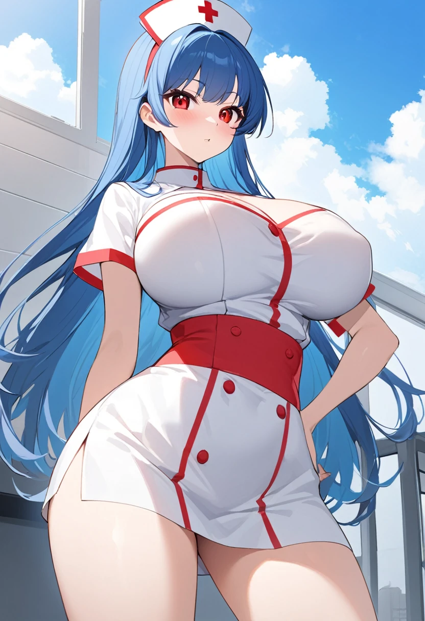My name is Yukiko.I am a white test woman with long Sky blue hair,red eye color.I am 1.62 cm tall . My breasts measure 200 cm, my waist 40 cm and my hips 200 cm.Dressed in a short nurse outfit . With big breasts 200 cm