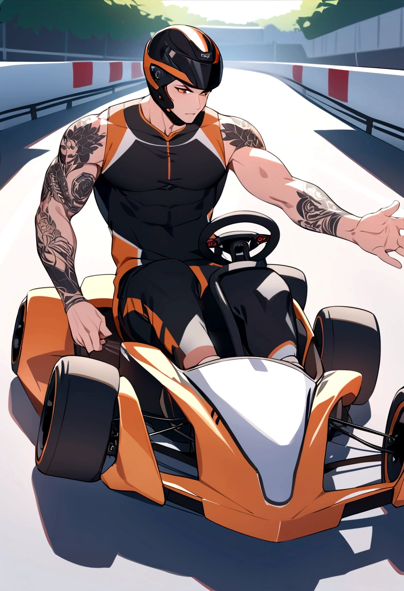 ((Best Quality)), ((Masterpiece)), (detailed), 1 karting driver boy, with oversized white and black clothes, with tattoos on his arms, with his black helmet, he has black hair, Brown eyes, he is tall a little muscular, degreased a track and raced your karting