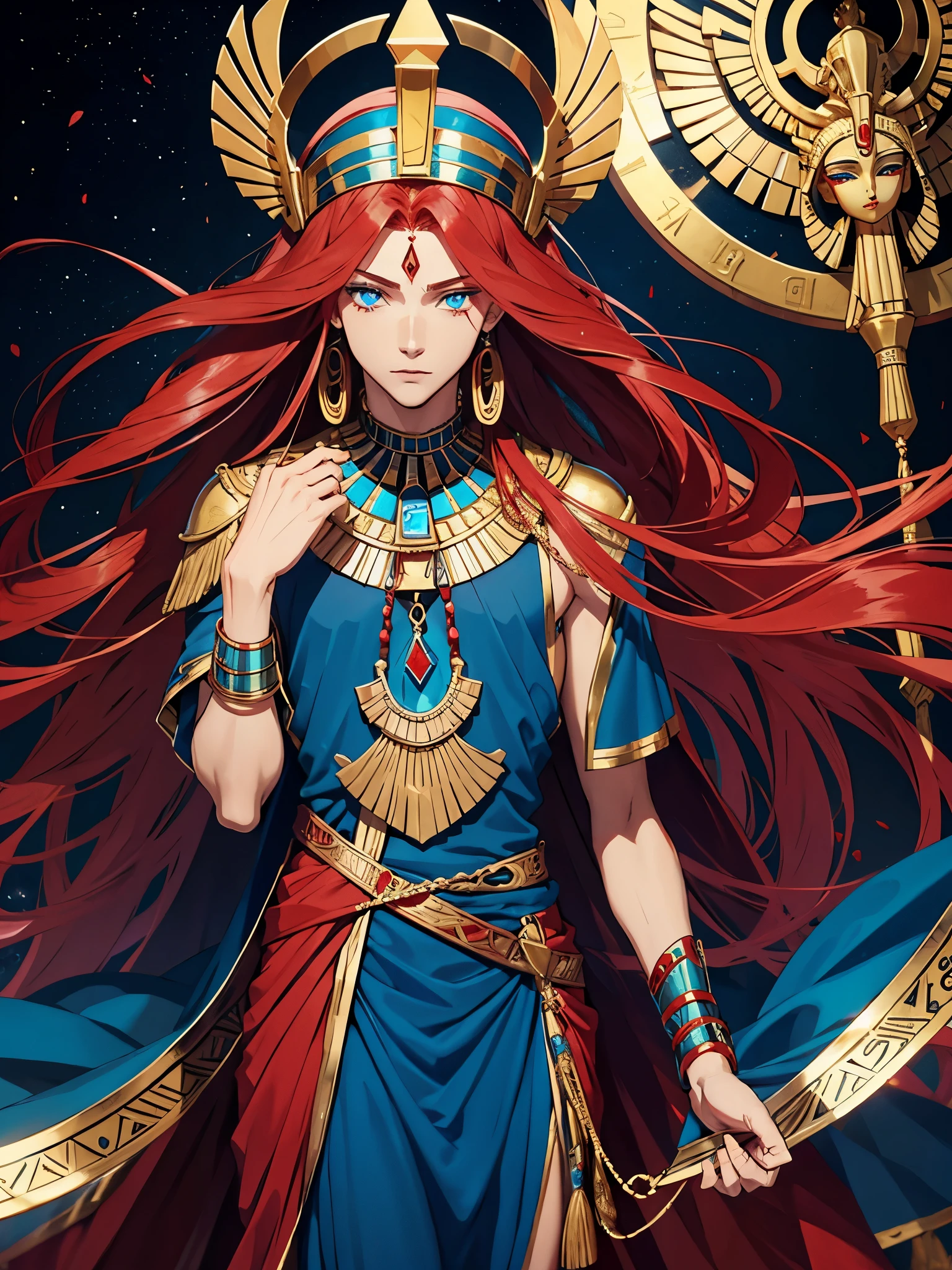 Egyptian deity Seth. long red hair, Lots of jewelry. light skin. blue eyes. Rotes Make Up. Sweet boy. boy. narrow. Elegant red dress