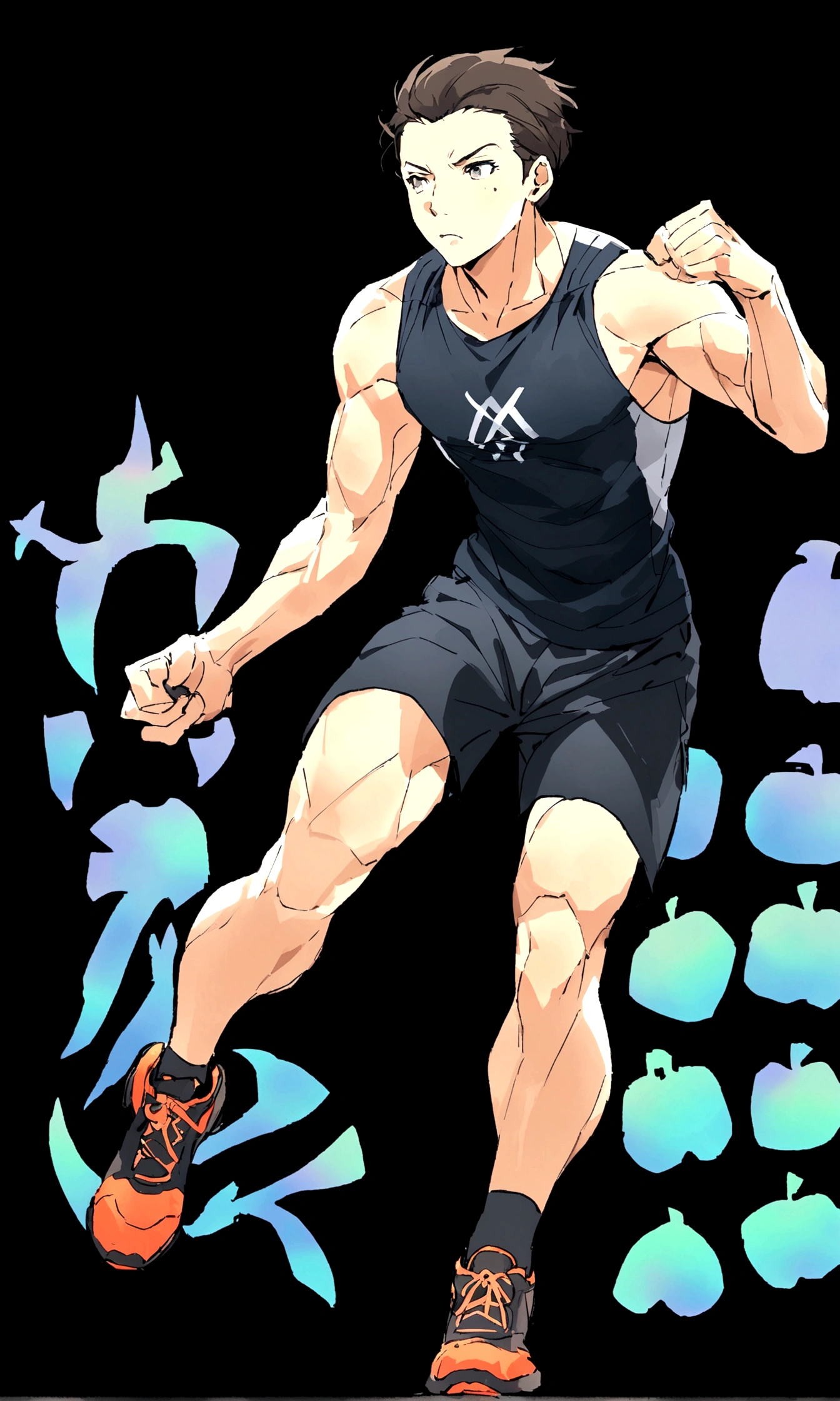 create a drawing of a male physical education teacher in a classroom dressed in crossfit clothing 