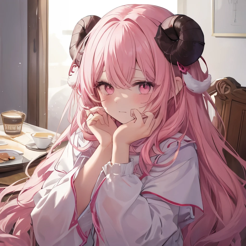 An anime-style illustration of ‘Fua-chan’ feeling sad due to a painful mouth ulcer. Fua-chan has distinctive features: long pink hair styled in soft curls resembling sheep’s horns, and pink eyes. She is depicted with a pained and sorrowful expression, one hand gently touching her cheek where the ulcer is. Her eyes are slightly teary, and she looks visibly uncomfortable. The background shows a softly lit room with comforting elements, such as a cup of tea and a warm blanket, emphasizing her need for comfort while dealing with the pain