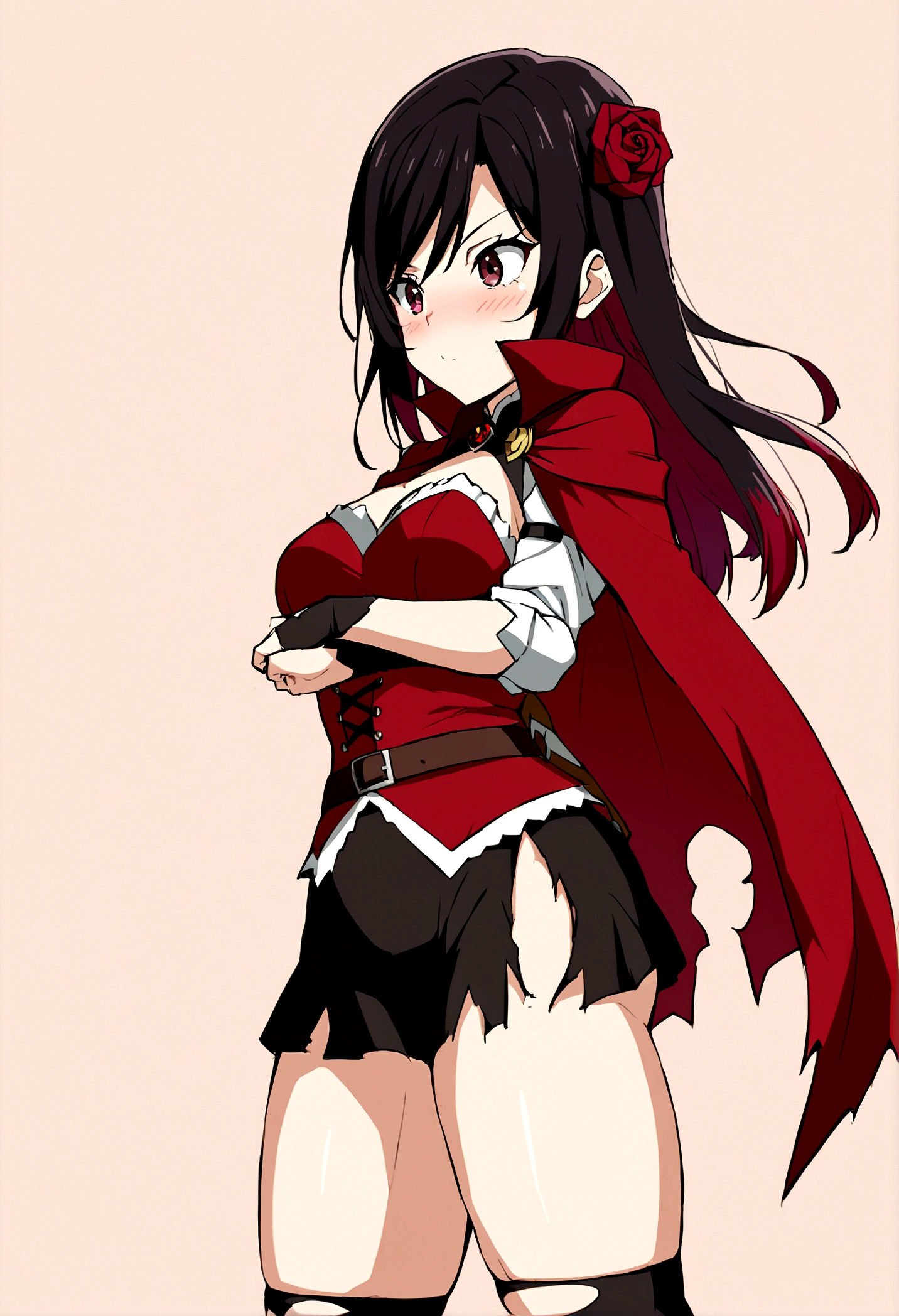 (1 girl),(rubi Rose from rwby), rubi_rwby,1 girl, shorth hair, Bblack hair, standing alone, cape, grey-eyed, red cloak, corset, thicc thighs, torn garments, torn thicc thighs, Black Skirt, zetai ryouiki, don, tissue, Pink, Torn Cape, black thicc thighs, anime coloring, flowers, waist belt,blush, simple background, from sideways, chibi