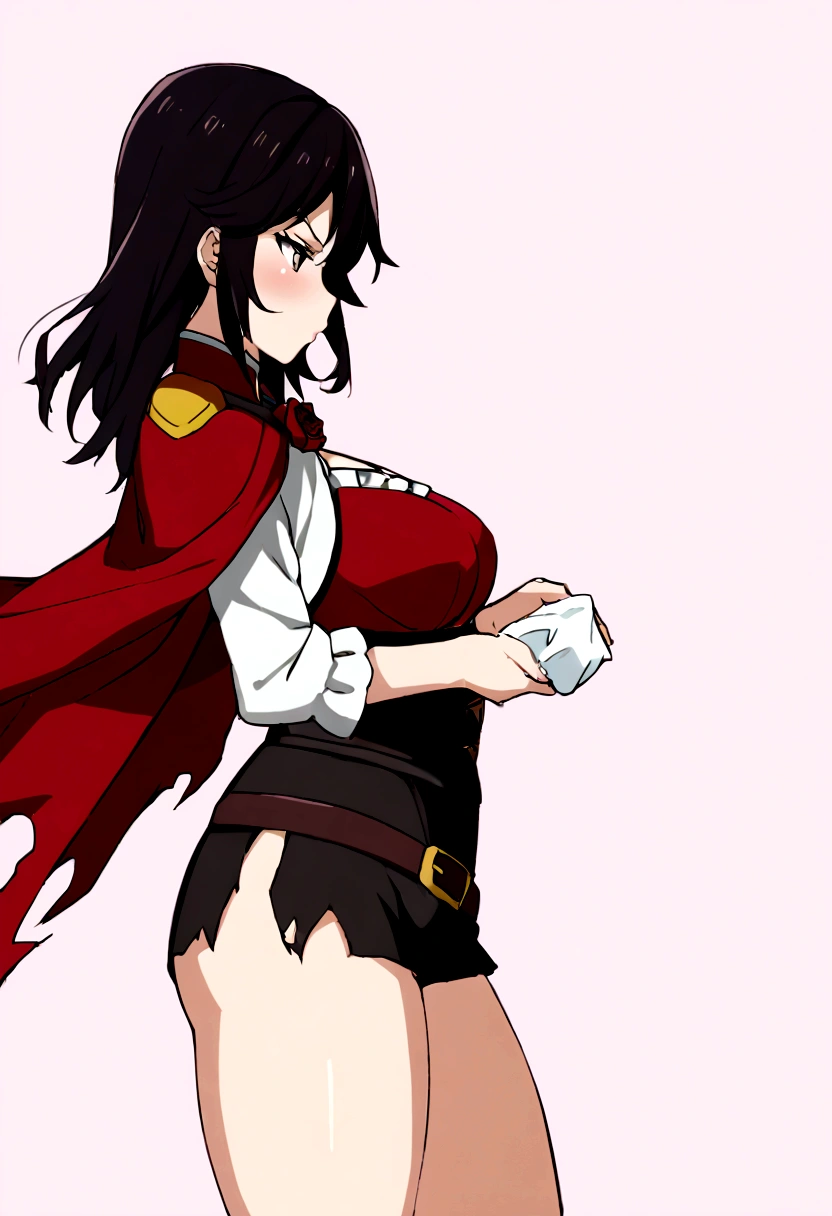 (1 girl),(rubi Rose from rwby), rubi_rwby,1 girl, shorth hair, Bblack hair, standing alone, cape, grey-eyed, red cloak, corset, thicc thighs, torn garments, torn thicc thighs, Black Skirt, zetai ryouiki, don, tissue, Pink, Torn Cape, black thicc thighs, anime coloring, flowers, waist belt,blush, simple background, from sideways, chibi