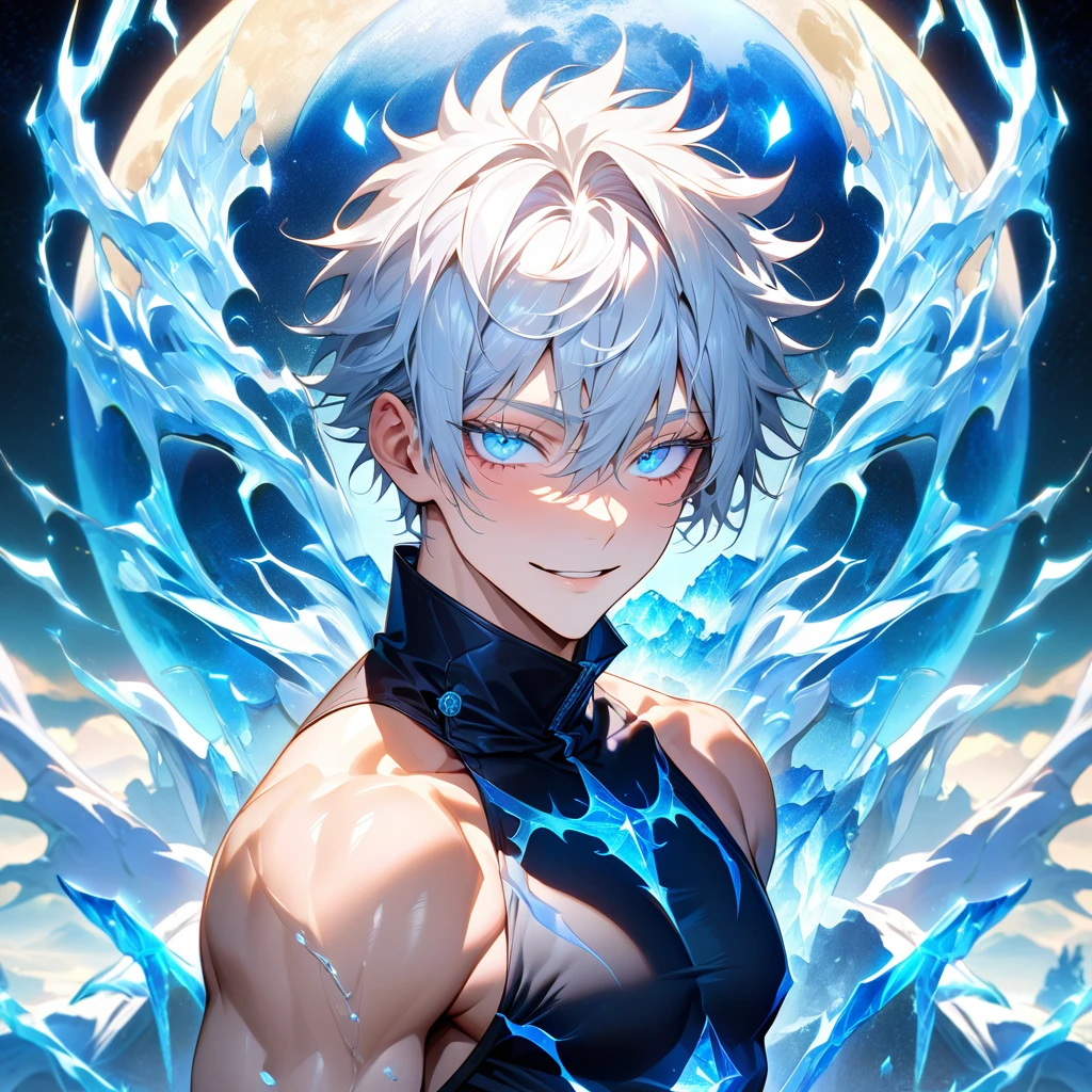 absurdres, highres, ultra detailed, HDR, master piece, best quality, detailed face, delicate features, Gojou Satoru, white hair, with bangs, expressive blue eyes, white eyelashes, Jujutsu Kaisen, solo, sexy man, handsome, horny, toned chest, handsome smile, black clothes, fantasy, magic world, blue lightning, envy crystalline, blue moon, blue lanterns, blue spheres, blue dust, starry sky