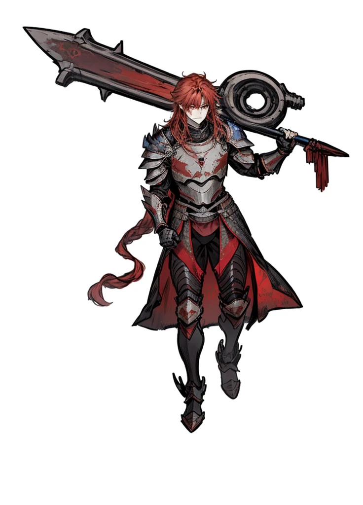 1boy, red hair, Long hairstyle, crimson armor , volcanic knight, fire knight, legendary weapon ,beautiful clothes,(masterpiece, best quality), calm,muscular, aura of fire