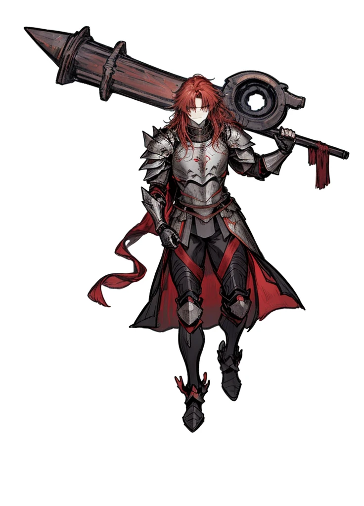 1boy, red hair, Long hairstyle, crimson armor , volcanic knight, fire knight, legendary weapon ,beautiful clothes,(masterpiece, best quality), calm,muscular, aura of fire