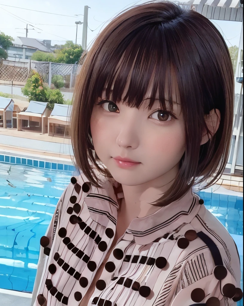 Purelos Face_v1, Highest quality, Realistic, 8K, High resolution, Full Color, One girl, woman, 20 years old woman, (Mouth closed:1.33), (Portraiture:0.6), wood, Dawn, ((Poolside Background:1.52)), Full Color, ((Buttoned shirt:1.88)), View your viewers:1.8, (One girl eyes View your viewers:1.55), (Medium Hair, Brown Hair, Parted bangs:1.35), (Bokeh),