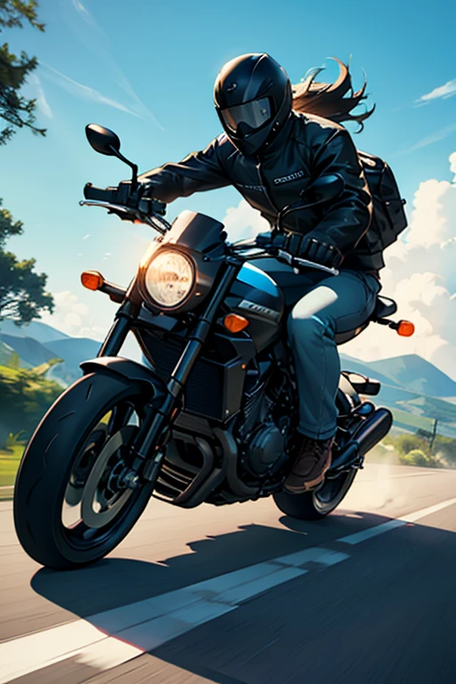 Man driving a motorcycle at full speed, illustration 