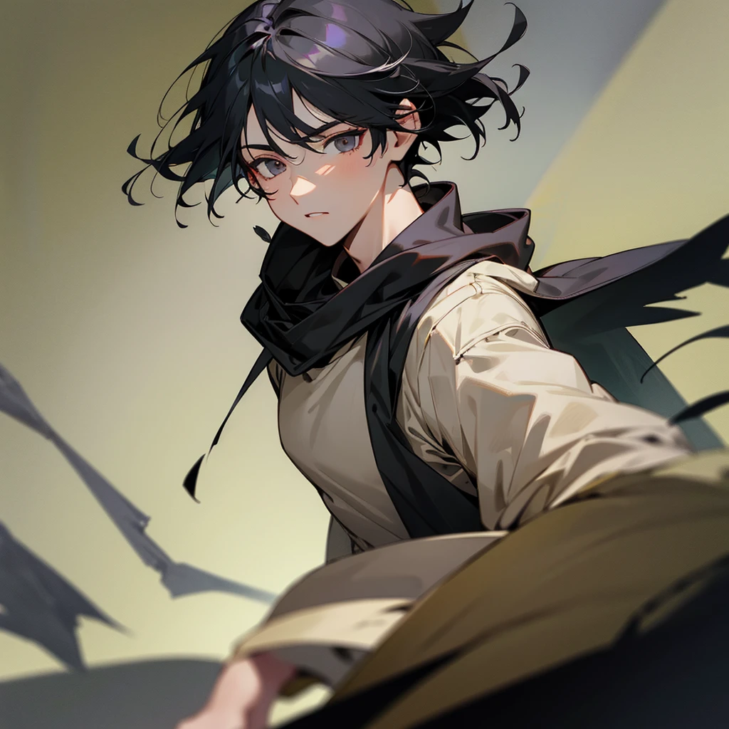 A boy with olive skin, raven black hair and dark gray eyes