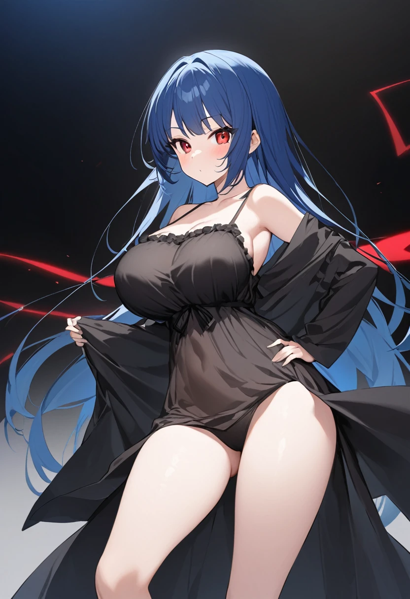 My name is Yukiko.I am a white test woman with long Sky blue hair,red eye color.I am 1.62 cm tall . My breasts measure 200 cm, my waist 40 cm and my hips 200 cm.Dressed in a short black nightgown . With big breasts 200 cm