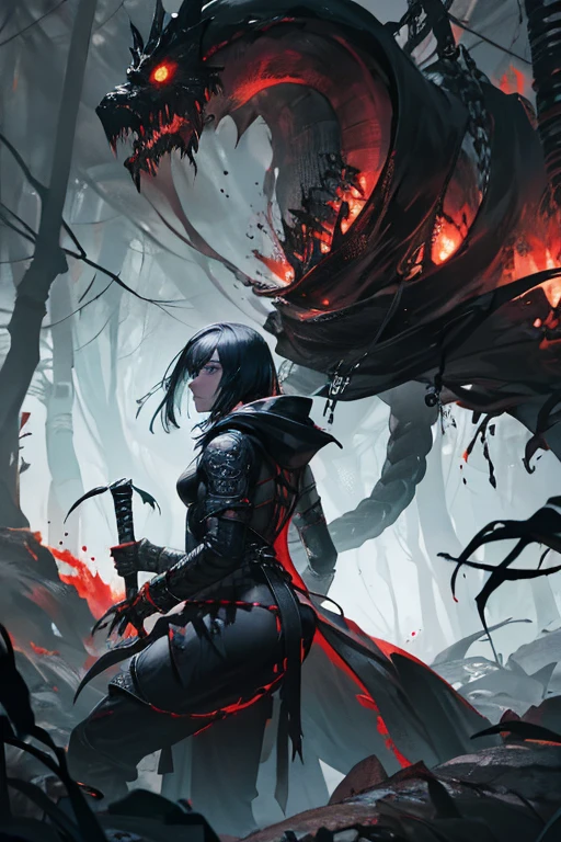 "The Last Anaconda Amazon" Beautiful woman, cold face, no horns, have an anaconda tail behind her butts, scary tail, have a thousand arms, an ancient witch, wear a full-mask cover face, holding sharply weapon and shield, wear an old-fashioned hood, wear a clothes from Arknights, Bloodborne theme, Arknights theme, dark fantasy, scary theme, green forest, monstrous pet, bloody background, supervillain, evil movement, mercilessly squads.