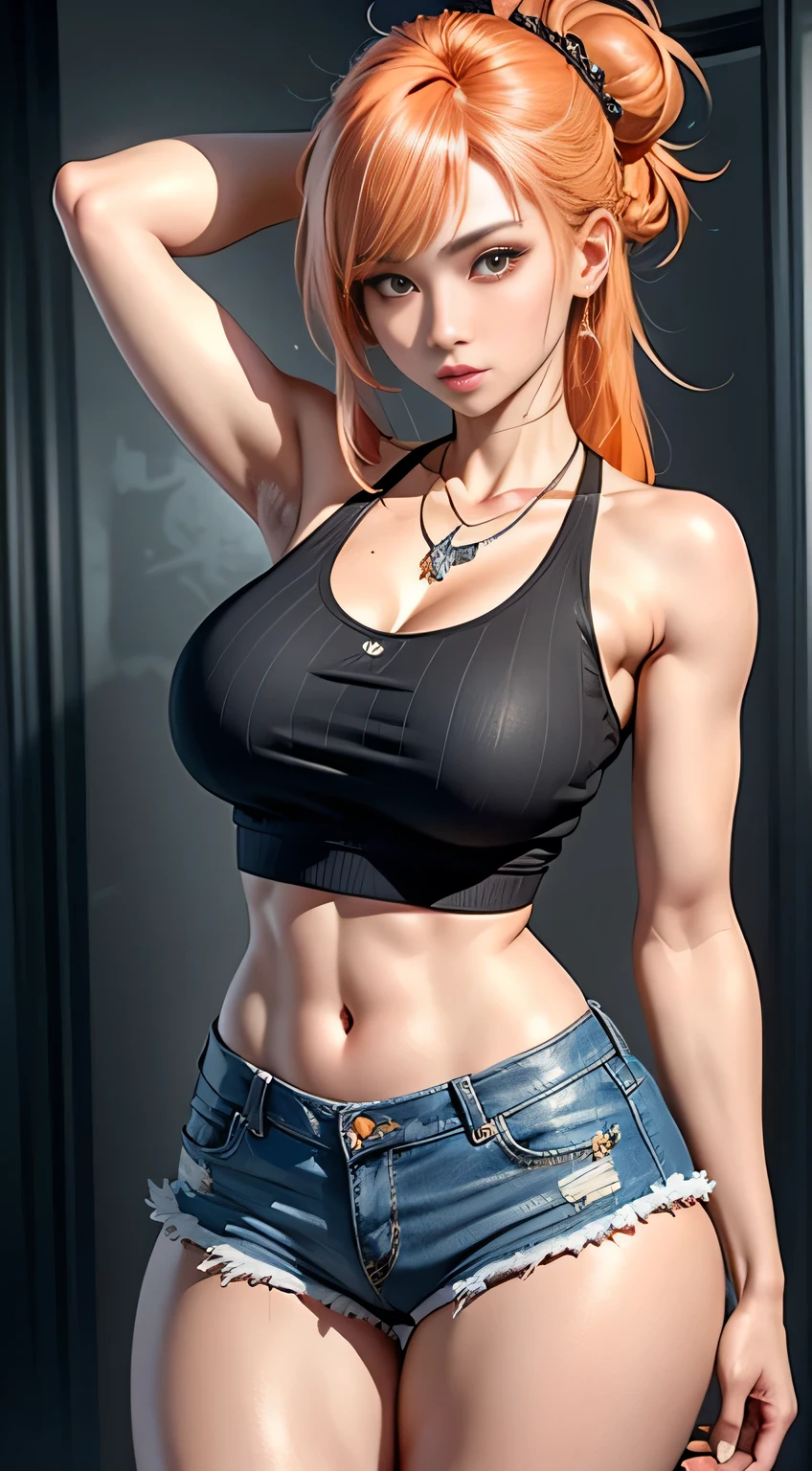 sfw, realistic, Beautiful detailed girl, clear and beautiful, Personage as the main perspective, shiny_skin, girl,woman,female, young,25 years old, (medium hair), bangs, (Top knot), sidelocks, orange hair, (beautiful detailed Glass hair), pink streaked hair,beautiful detailed cold face, cold expression, complex details beautiful and delicate eyes, fingernails, medium_breasts, , orange eyes, Authentic skin texture, (piercing), necklace, tank_top, short_shorts, knee_boots, bloom,(line art:1.2),realistic illustration,unreal engine,(GoPro),insanely detailed,perfect shading, wearing bra,((skinny waist)), young asian girl, ((big breasted)),