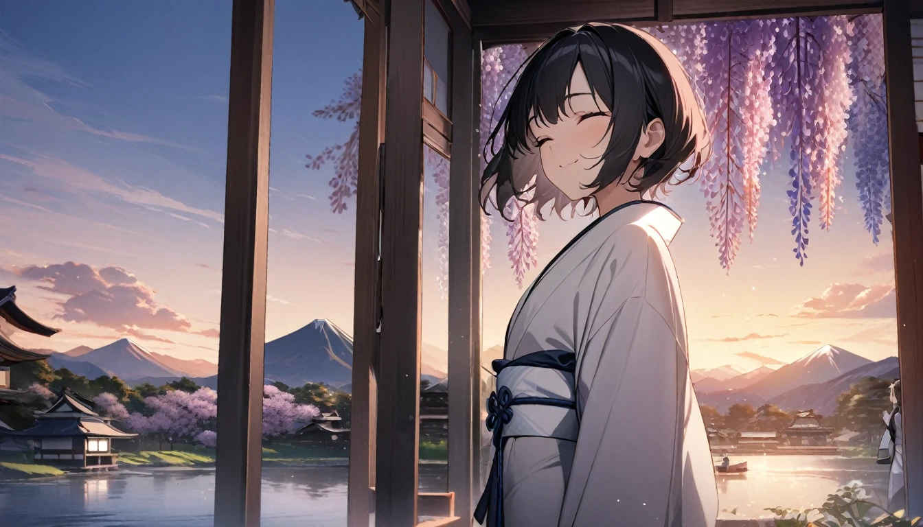 1girl, solo, flat chest, short hair, black hair, standing, gentle smile on her face((masterpiece, illustration, best quality), eyes closed, ((best quality)), ((masterpiece)), mdjrny-pprct, japanese architecture, Sakura, wisteria, flower garden, mountains and rivers, Clouds (high detial: 1.2)、evening glow, white japenese robe (white)