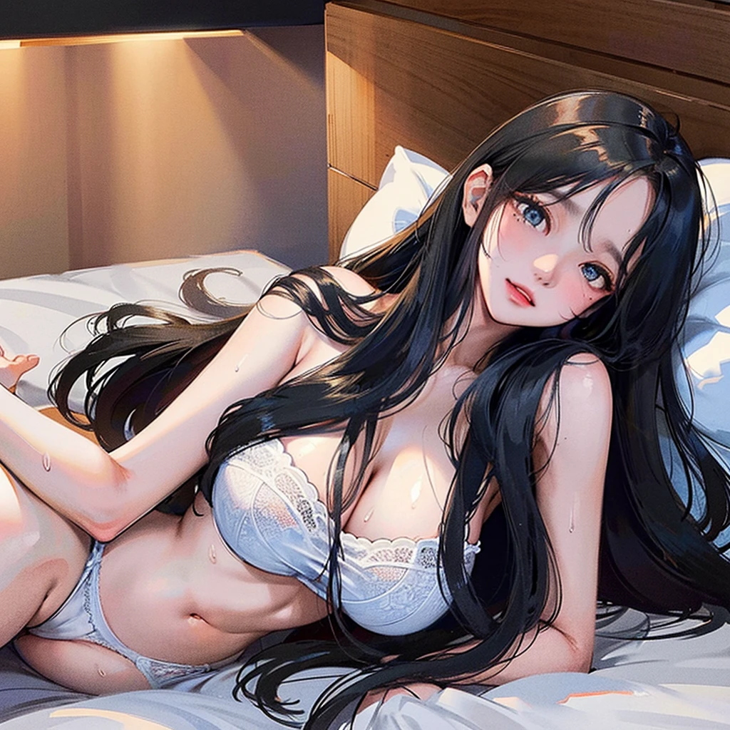 Lying in bed, 24-years-old, Huge breasts, soft, Sweat, long black hair, Straight bangs, Full body illustration of a blue-eyed girl, Embarrassed, cum in pussy, naked, black underwear