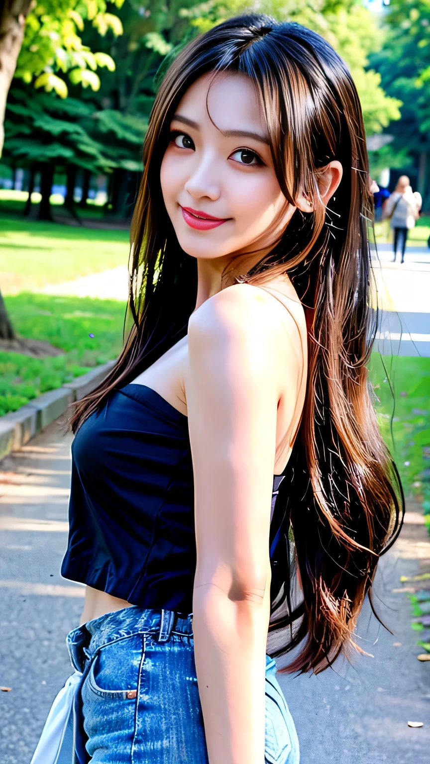 seed:4195271995,((Full Body Angle:1.1)),((Highest quality, 8K, masterpiece: 1.3)), concentrated: 1.2,Front hair:1.3, Cute girl 1,Nipples erect、 Perfect beauty: 1.4,Colorful off-shoulder t-shirt with letter print,Shorts,: 1.2,Randall Color、comics&Text Graphics、Black,1.1, Highly detailed face and skin textures, Fine grain, double eyelid, whitening skin, ,Highest quality,Ultra-high resolution,you,1 girl,alone,_Shiny_skin,Iris,necklace,((brown_length_Wavy_hair)),(lips)),eyelash,Front hair,deal with,compensate,Shiny,pore,skin big breasts、(smiling face)、((Front hair:1.2))、Walking in the park、Standing and walking、Model Walk、