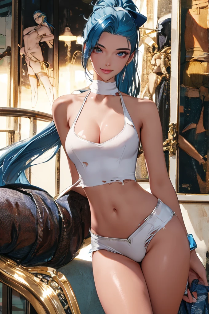 (best quality: 1.2), clean face, (masterpiece: 1.2, 8k) perfect anatomy, 1girl,a beautiful fashion model ,(masterpiece, official art, best quality ,long and shiny hair, blue hair with streaks in hair, long hair, full lips, slender body, slim body big breasts, looking at viewer, revealing outfit, absurdity, intricate details, dynamic pose, club, , wearing short shorts and a tight white top, cleavage, torn clothes, thong straps, ponytail, coquettish expression, smile