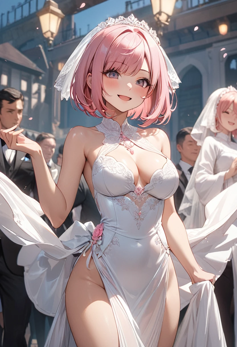 Masterpiece, highest quality, highest quality, 16K, incredibly absurd, highly detailed, 2.5D, delicate and dynamic, very delicate expressions, delicate eye depiction, erotic, only sexy w, healthy figure, 25-year-old woman, bride, 160cm tall, medium firm swaying bust, (short hair), (pink hair:1.5), bob cut, black eye, ((smile)), ((thin thighs)), (visible nipples:0.7), (camel toe:0.3), ((shiny and lustrous)), facing straight at viewer, (standing), sexy pose,ght outdoor park during daytime, cowboy shot, (arms behind back),