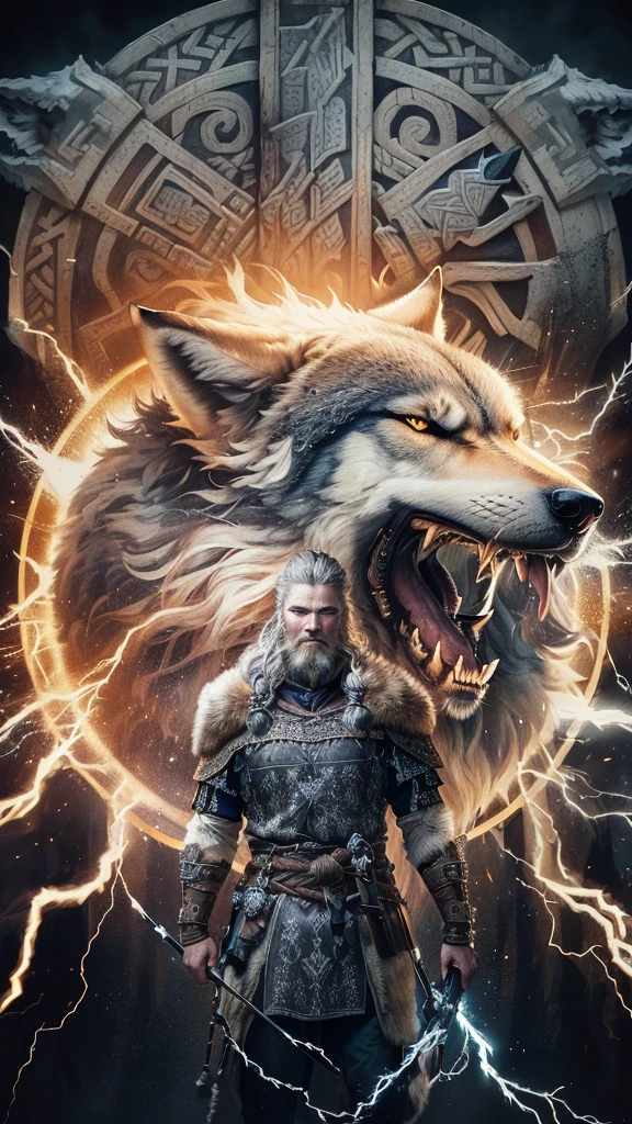 blurred image of a man standing in front of a wolf with lightning, Nordic god, epic rei viking, Nordic, Tuomas Korpi e Wlop, Nordic warrior, fenrir, berserker viking, deus viking, rei viking, eftir Ásgrím Jónsson, Nordic inspired, man with a slavic dog's head