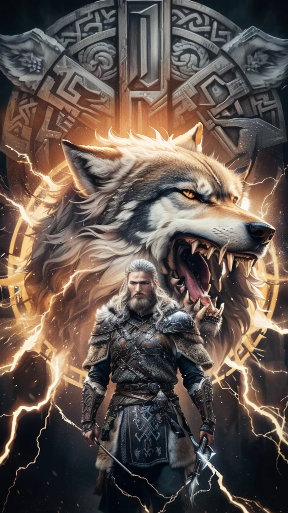 blurred image of a man standing in front of a wolf with lightning, Nordic god, epic rei viking, Nordic, Tuomas Korpi e Wlop, Nordic warrior, fenrir, berserker viking, deus viking, rei viking, eftir Ásgrím Jónsson, Nordic inspired, man with a slavic dog&#39;s head