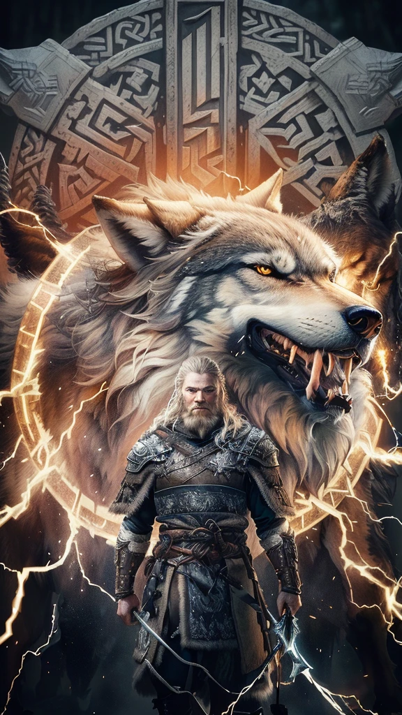 blurred image of a man standing in front of a wolf with lightning, Nordic god, epic rei viking, Nordic, Tuomas Korpi e Wlop, Nordic warrior, fenrir, berserker viking, deus viking, rei viking, eftir Ásgrím Jónsson, Nordic inspired, man with a slavic dog's head