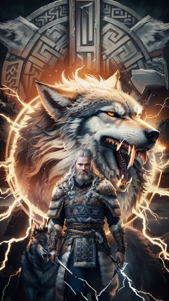 blurred image of a man standing in front of a wolf with lightning, Nordic god, epic rei viking, Nordic, Tuomas Korpi e Wlop, Nordic warrior, fenrir, berserker viking, deus viking, rei viking, eftir Ásgrím Jónsson, Nordic inspired, man with a slavic dog's head