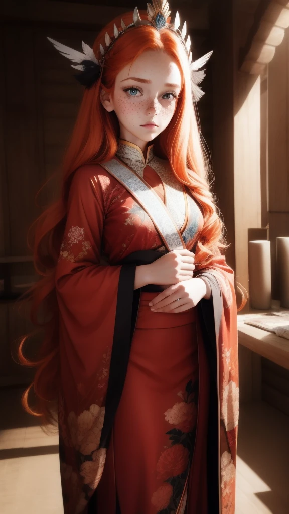 18 years old princess, striking figure, long ginger hair, wavy hairs, fair skin, (freckles), (kolito), innocent and regal appearance, expressive eyes are filled with a mix of curiosity and determination, her slender frame, elegant grace, vibrant orange kimono with white and black decorations, very long ((sleeves past fingers)), sleeves past wrists, feather headdress