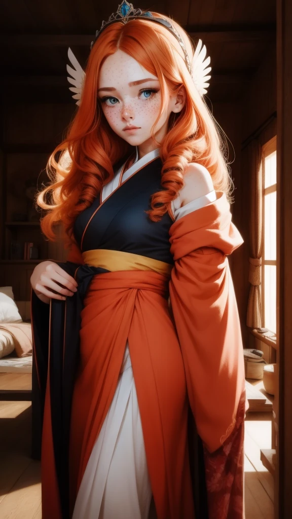 18 years old princess, striking figure, long ginger hair, wavy hairs, fair skin, (freckles), (kolito), innocent and regal appearance, expressive eyes are filled with a mix of curiosity and determination, her slender frame, elegant grace, vibrant orange kimono with white and black decorations, very long ((sleeves past fingers)), sleeves past wrists, feather headdress