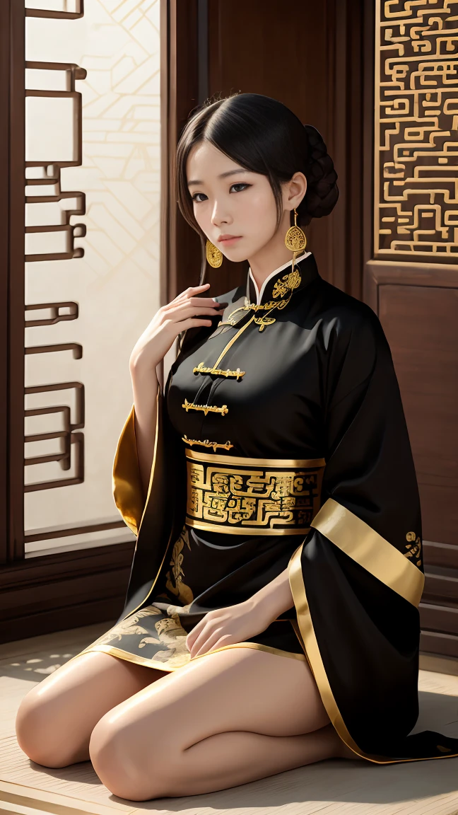 A very beautiful 19-year-old woman, (white hair:0.5), bob haircut, short hair, (yellow eyes:0.5) bright golden eyes, red nails, young beautiful face, muscular, slim but well-proportioned body, perfect white skin, highly detailed drawing, realistic face. (((Wearing traditional Chinese imperial clothes, black with gold decorations:0,5))) ((black clothing with gold details:0,3)) ((black robe with gold ornaments:0,3)) ((black dress with gold accents,)) ((red skirt with gold details:0,5)) (with red Hanafuda earrings:0,3) (garterbelt black thigh-high socks.) Kneeling on a white bed in an ancient Chinese room, with a full moon and stars visible through the window at night, with light flashes reflecting on her body. 4k anime art, perfect lighting.