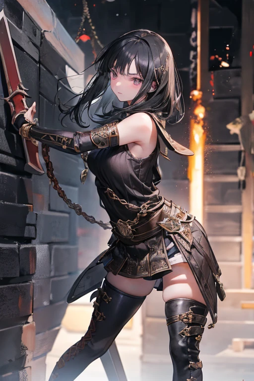 A black-haired girl wields the Heavy Thrusting Swords from within the Elden Ring in a reverse grip.