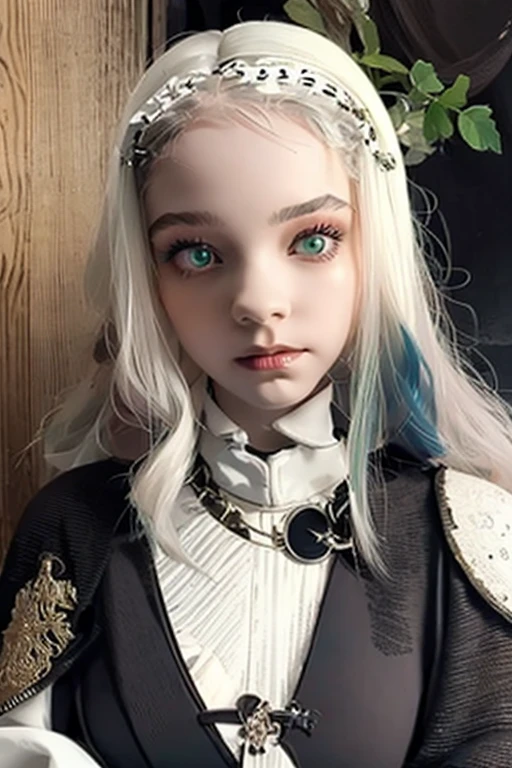 1 woman, black robe, radiant green eyes, white hair,anime, realistic,Black head covering,ultra detail