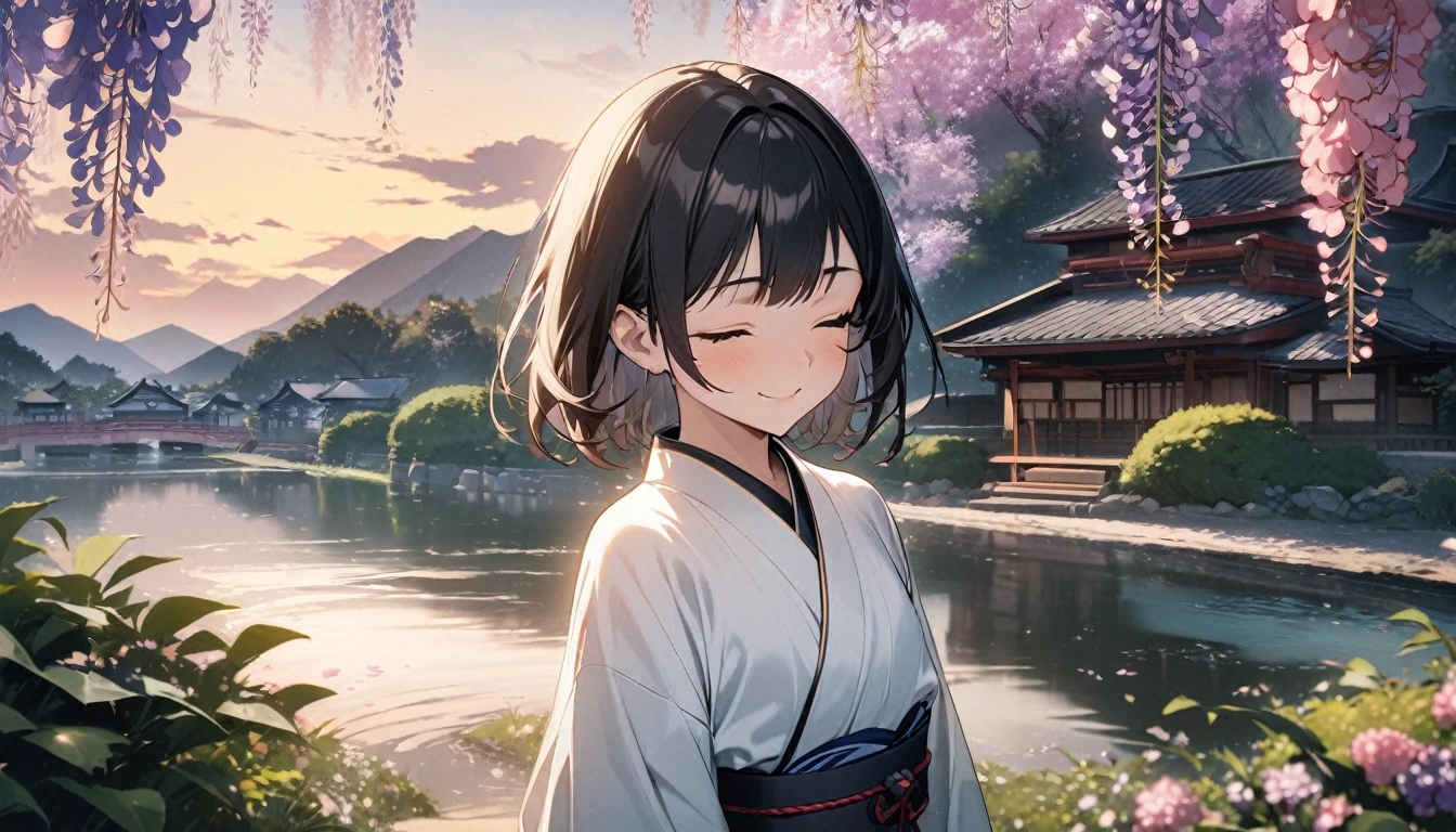 1girl, solo, flat chest, short hair, black hair, standing, gentle smile on her face((masterpiece, illustration, best quality), eyes closed, ((best quality)), ((masterpiece)), mdjrny-pprct, japanese architecture, Sakura, wisteria, flower garden, mountains and rivers, Clouds (high detial: 1.2)、evening glow, white japenese robe (white)