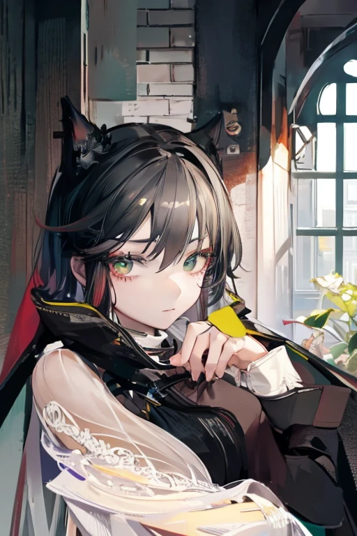 1 woman, black robe, radiant green eyes, white hair,anime, realistic,Black head covering,ultra detail
