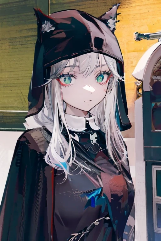 1 woman, black robe, radiant green eyes, white hair,anime, realistic,Black head covering,ultra detail