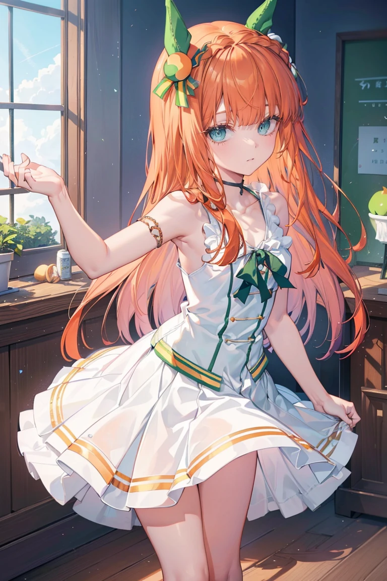 Silence Suzuka、blush,smile、Long Hair、Orange Hair、Horse Girl、Green costume、In uniform、、The back is very small、Lolita、Small breasts、Please show me your armpits、exterior: 14 years old、Shoulder Bicle is visible、Sexy thighs、Beautiful feet、Usual hairstyle、Highest quality, High resolution, ユニティ 8K 壁紙, (shape:0.8), (Beautiful and beautiful eyes:1.6), Highly detailed face, Perfect lighting, Extremely detailed CG, (Perfect hands, Perfect Anatomy),(Highest quality,4K,8K,High resolution,masterpiece:1.2)