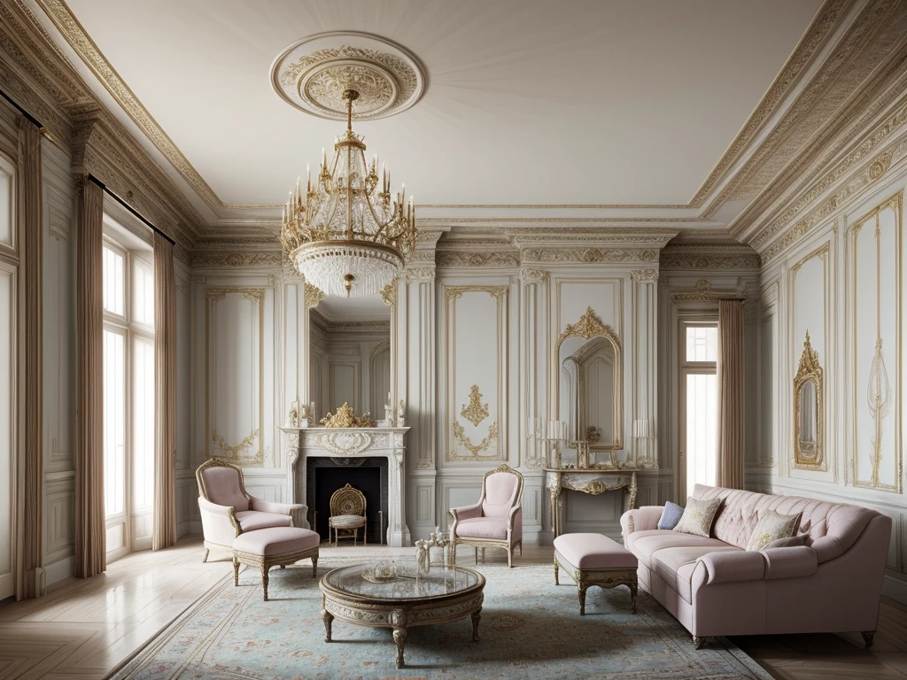 Castle interior with luxurious furniture, intricate design, fine details, high chaos, soft sunlight, dreamy pastel colors, Johan Grenier style, Alyssa Monks style