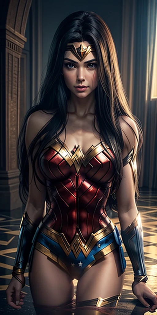 The character Wonder Woman, perfect costume, extremely realistic hair, perfect curves, extremely detailed anatomy 