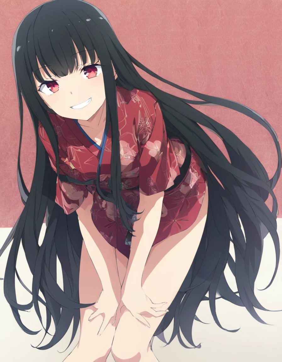 Original Costume、1 girl、solo、Wicked Smile、Put your arms back、Looking at the camera、Leaning forward、She is wearing a skimpy red yukata.、Women with very long hair　28 years old　Iris　Red and black hair　It&#39;s small　Hair longer than height　Accurate needle
